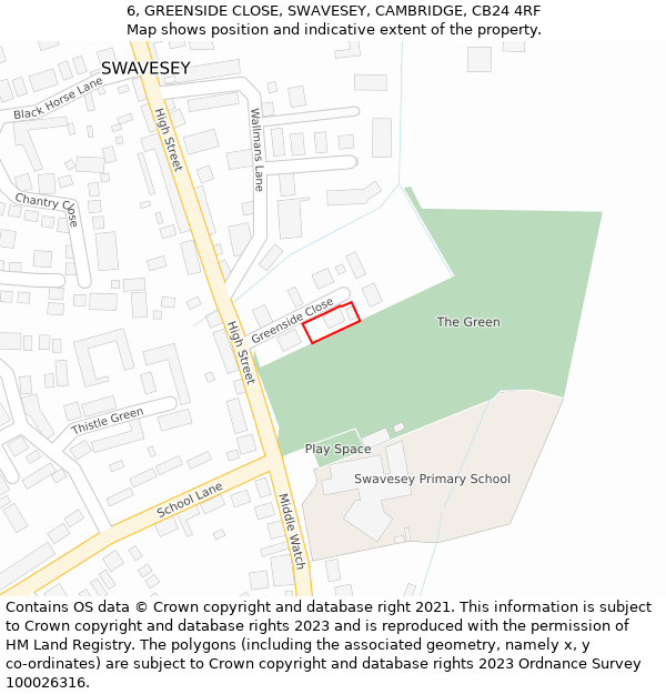 6, GREENSIDE CLOSE, SWAVESEY, CAMBRIDGE, CB24 4RF: Location map and indicative extent of plot