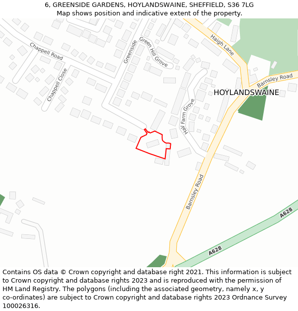 6, GREENSIDE GARDENS, HOYLANDSWAINE, SHEFFIELD, S36 7LG: Location map and indicative extent of plot