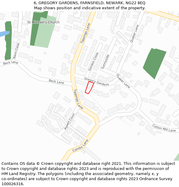 6, GREGORY GARDENS, FARNSFIELD, NEWARK, NG22 8EQ: Location map and indicative extent of plot