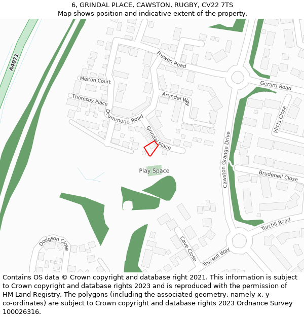 6, GRINDAL PLACE, CAWSTON, RUGBY, CV22 7TS: Location map and indicative extent of plot