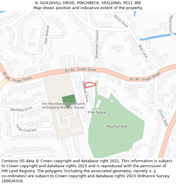 6, GUILDHALL DRIVE, PINCHBECK, SPALDING, PE11 3RE: Location map and indicative extent of plot
