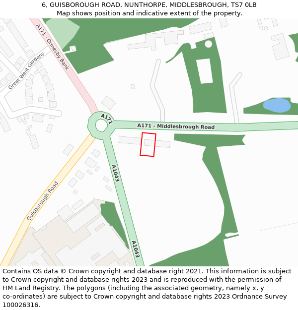 6, GUISBOROUGH ROAD, NUNTHORPE, MIDDLESBROUGH, TS7 0LB: Location map and indicative extent of plot