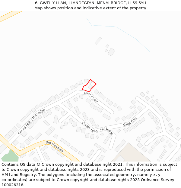 6, GWEL Y LLAN, LLANDEGFAN, MENAI BRIDGE, LL59 5YH: Location map and indicative extent of plot