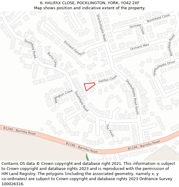 6, HALIFAX CLOSE, POCKLINGTON, YORK, YO42 2XF: Location map and indicative extent of plot