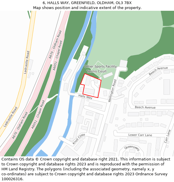 6, HALLS WAY, GREENFIELD, OLDHAM, OL3 7BX: Location map and indicative extent of plot