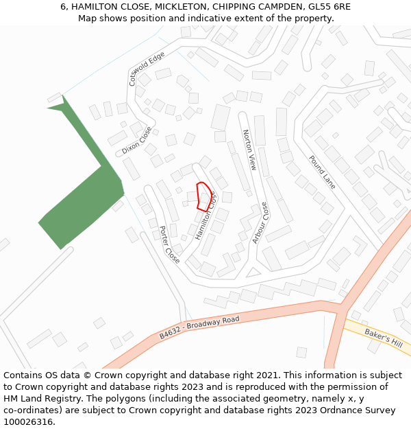 6, HAMILTON CLOSE, MICKLETON, CHIPPING CAMPDEN, GL55 6RE: Location map and indicative extent of plot