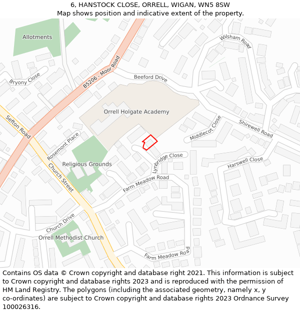 6, HANSTOCK CLOSE, ORRELL, WIGAN, WN5 8SW: Location map and indicative extent of plot