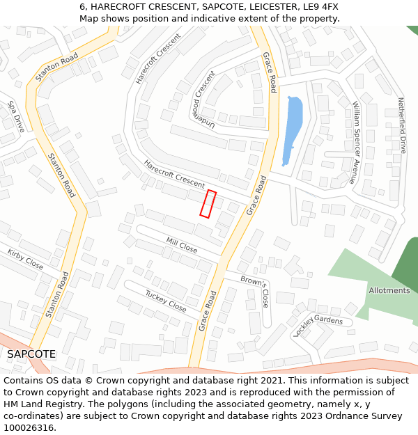 6, HARECROFT CRESCENT, SAPCOTE, LEICESTER, LE9 4FX: Location map and indicative extent of plot