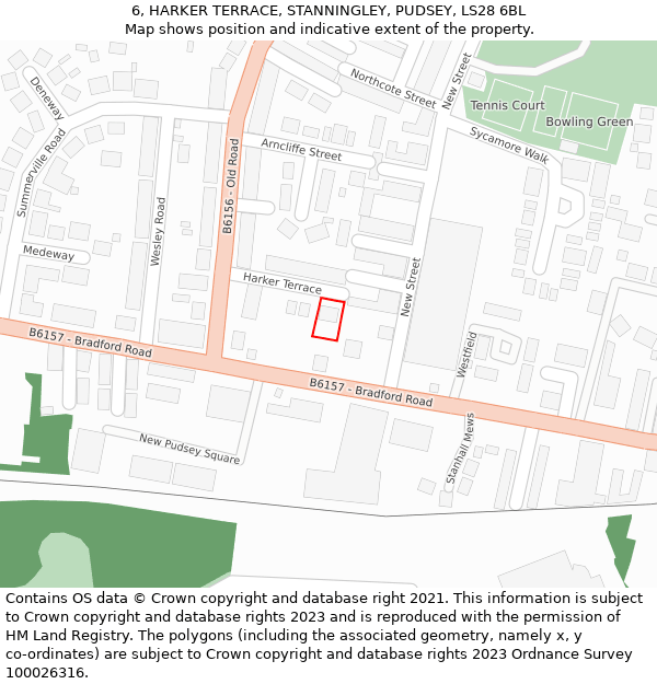 6, HARKER TERRACE, STANNINGLEY, PUDSEY, LS28 6BL: Location map and indicative extent of plot