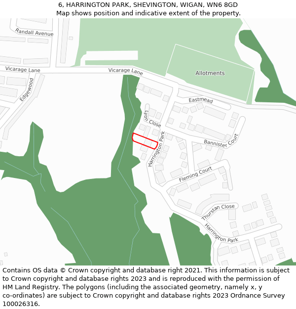 6, HARRINGTON PARK, SHEVINGTON, WIGAN, WN6 8GD: Location map and indicative extent of plot