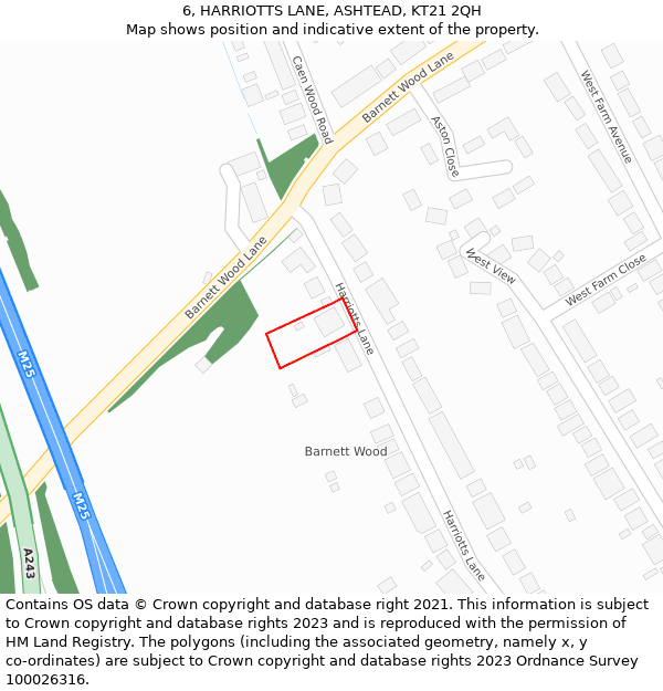 6, HARRIOTTS LANE, ASHTEAD, KT21 2QH: Location map and indicative extent of plot