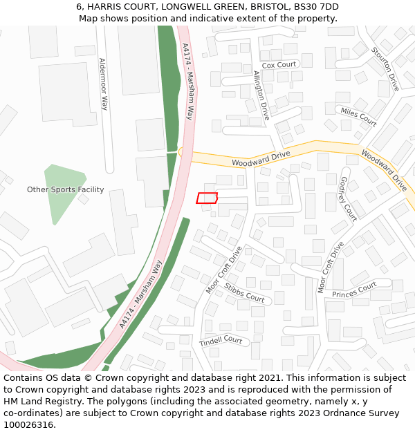 6, HARRIS COURT, LONGWELL GREEN, BRISTOL, BS30 7DD: Location map and indicative extent of plot