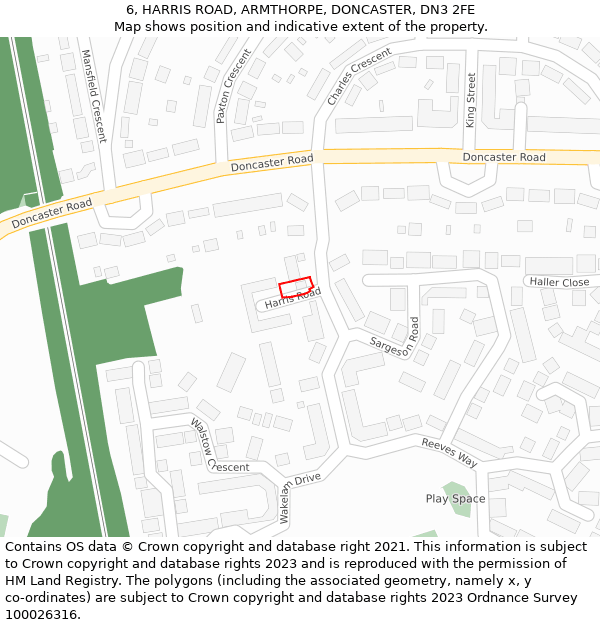 6, HARRIS ROAD, ARMTHORPE, DONCASTER, DN3 2FE: Location map and indicative extent of plot