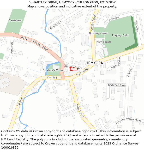 6, HARTLEY DRIVE, HEMYOCK, CULLOMPTON, EX15 3FW: Location map and indicative extent of plot