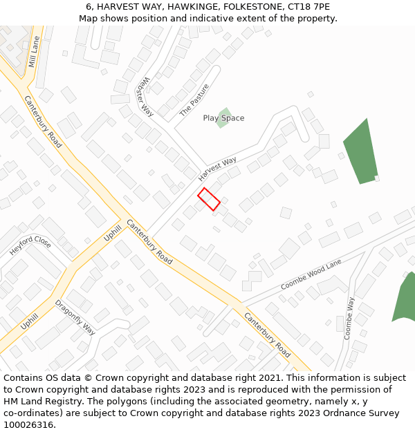 6, HARVEST WAY, HAWKINGE, FOLKESTONE, CT18 7PE: Location map and indicative extent of plot