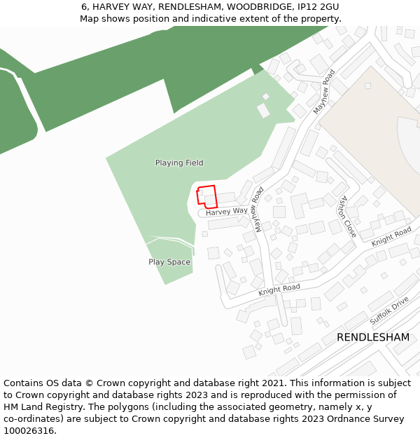 6, HARVEY WAY, RENDLESHAM, WOODBRIDGE, IP12 2GU: Location map and indicative extent of plot