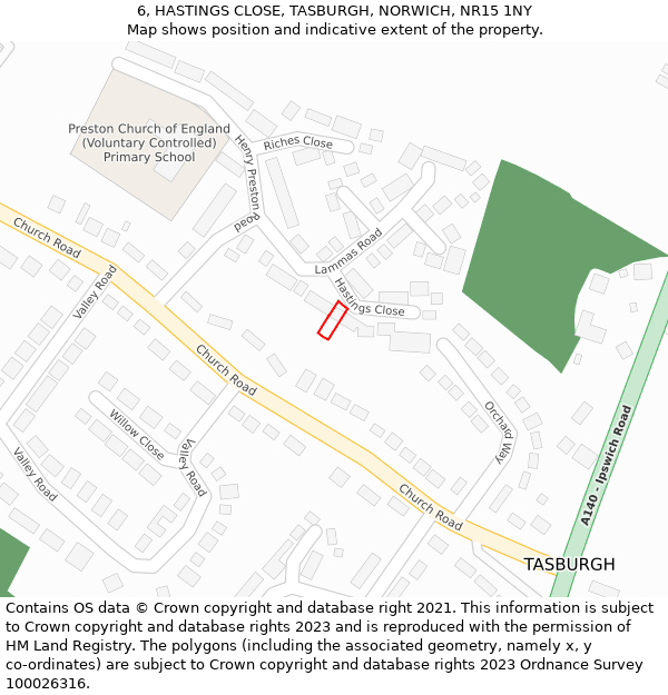 6, HASTINGS CLOSE, TASBURGH, NORWICH, NR15 1NY: Location map and indicative extent of plot