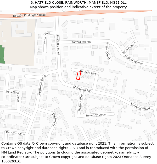 6, HATFIELD CLOSE, RAINWORTH, MANSFIELD, NG21 0LL: Location map and indicative extent of plot