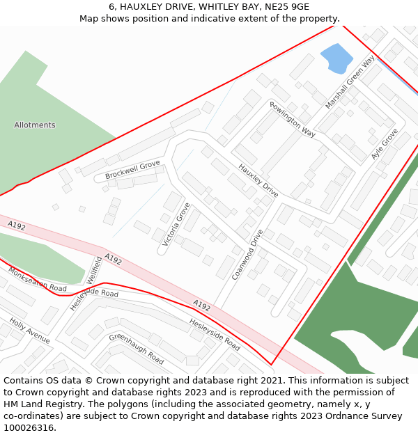 6, HAUXLEY DRIVE, WHITLEY BAY, NE25 9GE: Location map and indicative extent of plot