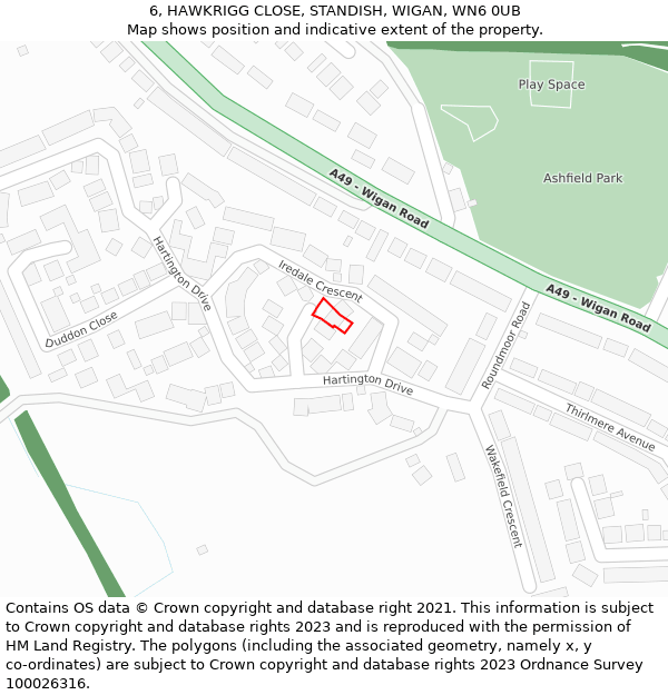 6, HAWKRIGG CLOSE, STANDISH, WIGAN, WN6 0UB: Location map and indicative extent of plot