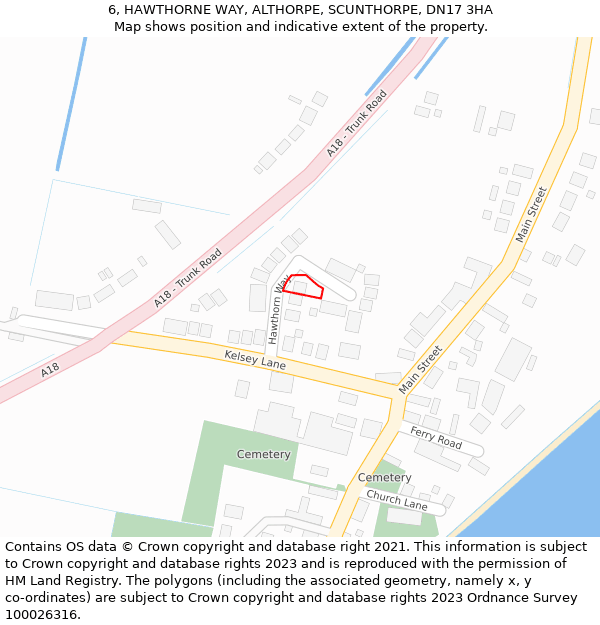 6, HAWTHORNE WAY, ALTHORPE, SCUNTHORPE, DN17 3HA: Location map and indicative extent of plot