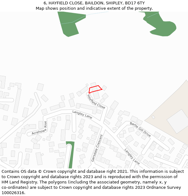 6, HAYFIELD CLOSE, BAILDON, SHIPLEY, BD17 6TY: Location map and indicative extent of plot