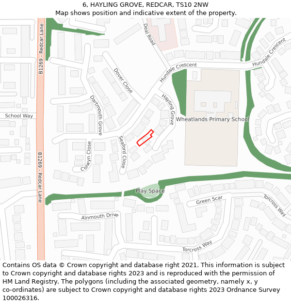 6, HAYLING GROVE, REDCAR, TS10 2NW: Location map and indicative extent of plot