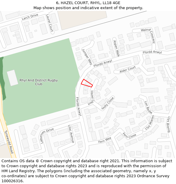 6, HAZEL COURT, RHYL, LL18 4GE: Location map and indicative extent of plot