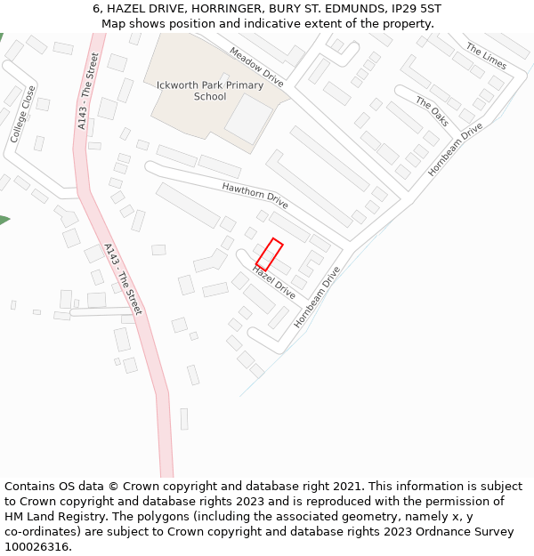 6, HAZEL DRIVE, HORRINGER, BURY ST. EDMUNDS, IP29 5ST: Location map and indicative extent of plot