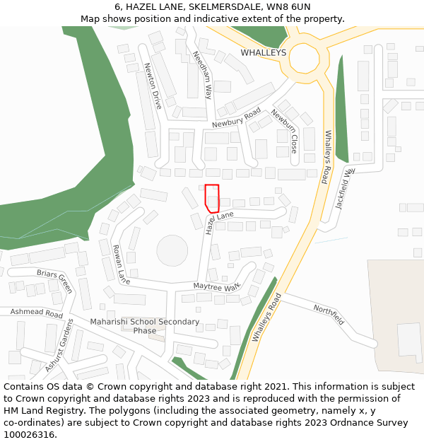 6, HAZEL LANE, SKELMERSDALE, WN8 6UN: Location map and indicative extent of plot