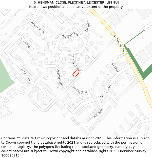 6, HENSMAN CLOSE, FLECKNEY, LEICESTER, LE8 8UJ: Location map and indicative extent of plot