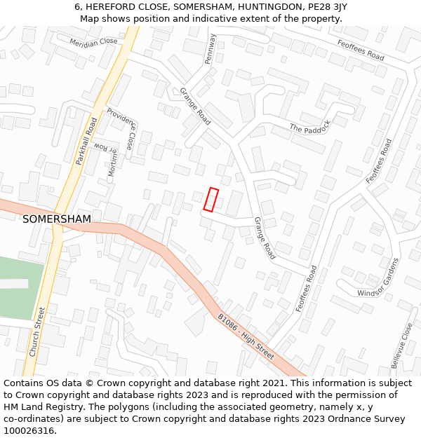 6, HEREFORD CLOSE, SOMERSHAM, HUNTINGDON, PE28 3JY: Location map and indicative extent of plot