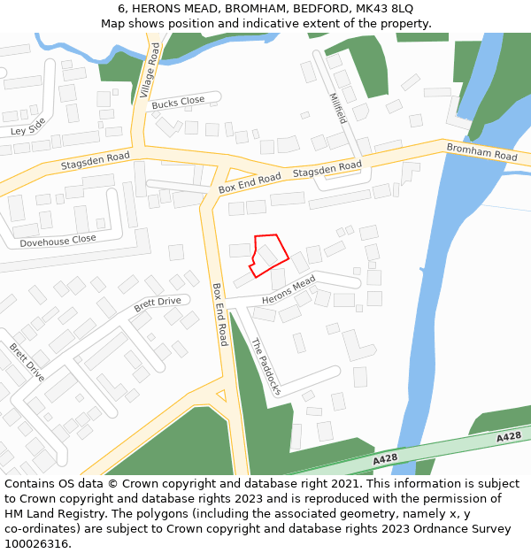 6, HERONS MEAD, BROMHAM, BEDFORD, MK43 8LQ: Location map and indicative extent of plot