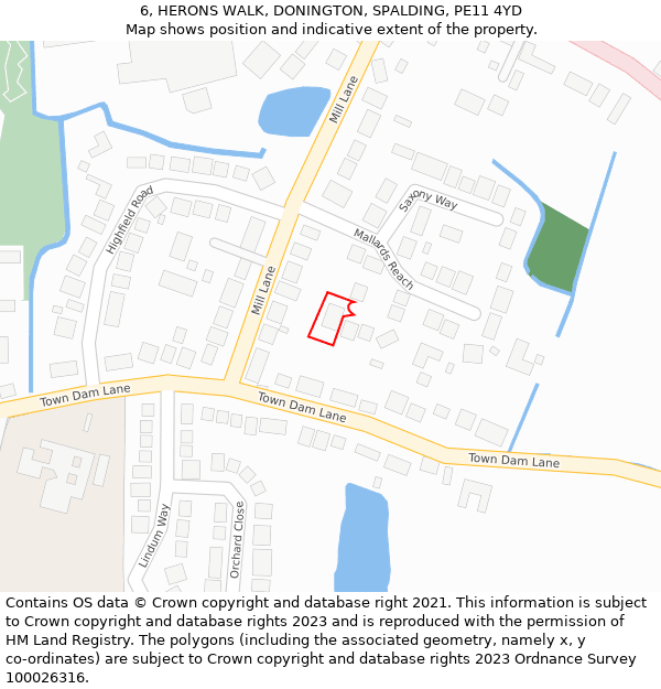 6, HERONS WALK, DONINGTON, SPALDING, PE11 4YD: Location map and indicative extent of plot