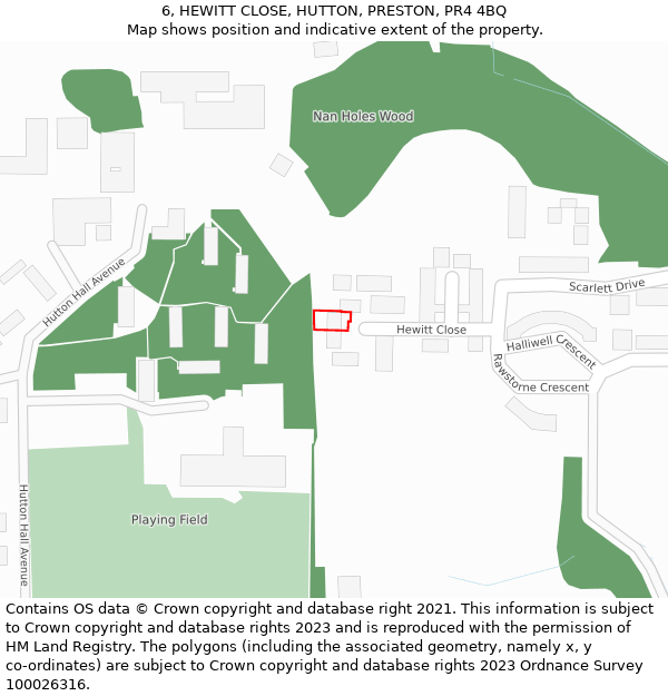 6, HEWITT CLOSE, HUTTON, PRESTON, PR4 4BQ: Location map and indicative extent of plot