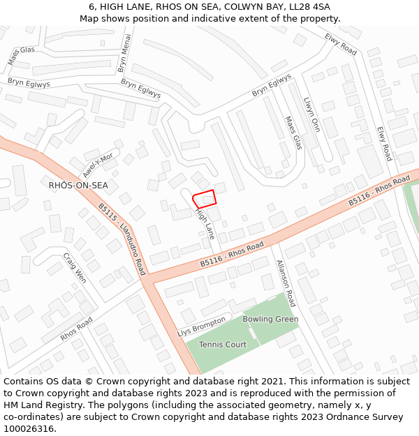 6, HIGH LANE, RHOS ON SEA, COLWYN BAY, LL28 4SA: Location map and indicative extent of plot