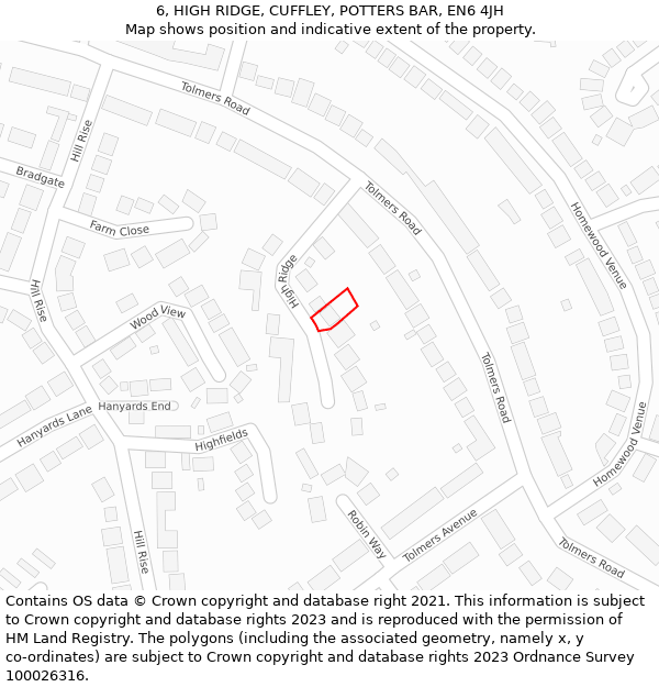 6, HIGH RIDGE, CUFFLEY, POTTERS BAR, EN6 4JH: Location map and indicative extent of plot