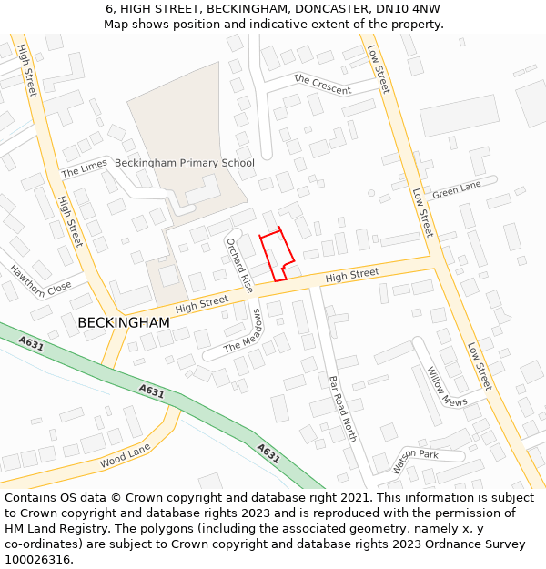 6, HIGH STREET, BECKINGHAM, DONCASTER, DN10 4NW: Location map and indicative extent of plot