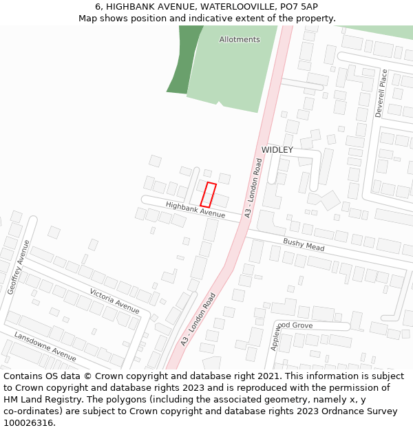 6, HIGHBANK AVENUE, WATERLOOVILLE, PO7 5AP: Location map and indicative extent of plot