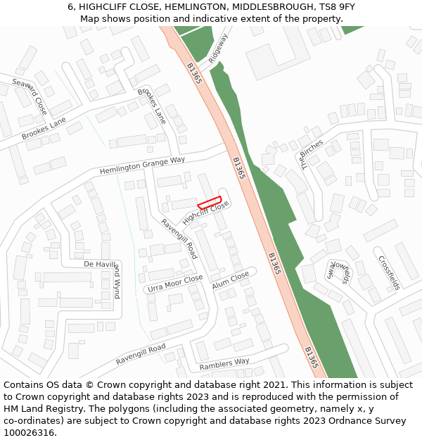 6, HIGHCLIFF CLOSE, HEMLINGTON, MIDDLESBROUGH, TS8 9FY: Location map and indicative extent of plot