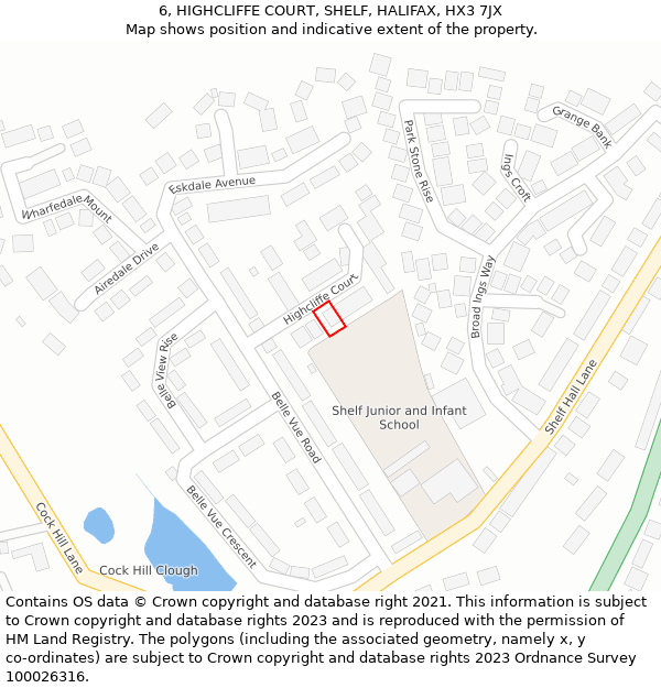 6, HIGHCLIFFE COURT, SHELF, HALIFAX, HX3 7JX: Location map and indicative extent of plot