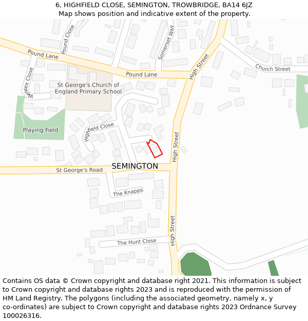 6, HIGHFIELD CLOSE, SEMINGTON, TROWBRIDGE, BA14 6JZ: Location map and indicative extent of plot