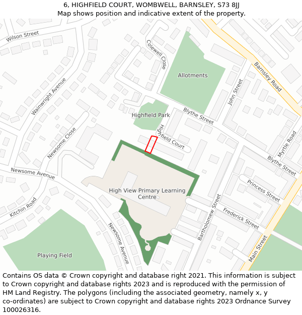 6, HIGHFIELD COURT, WOMBWELL, BARNSLEY, S73 8JJ: Location map and indicative extent of plot