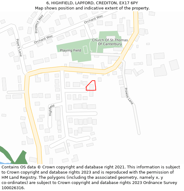 6, HIGHFIELD, LAPFORD, CREDITON, EX17 6PY: Location map and indicative extent of plot