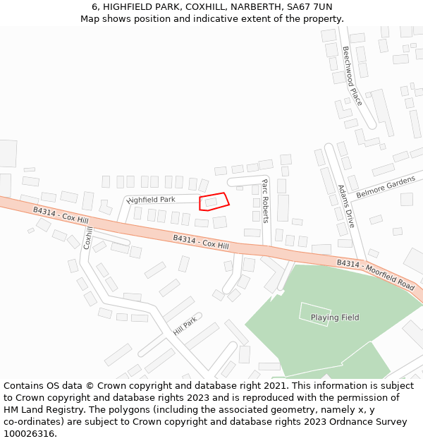 6, HIGHFIELD PARK, COXHILL, NARBERTH, SA67 7UN: Location map and indicative extent of plot