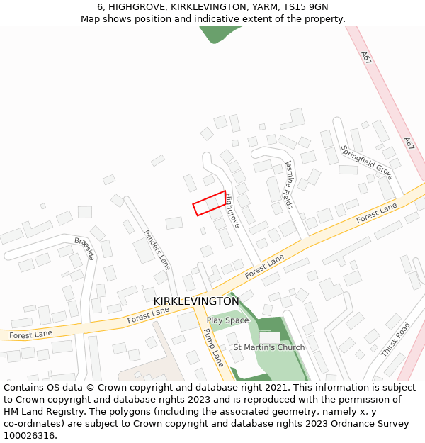 6, HIGHGROVE, KIRKLEVINGTON, YARM, TS15 9GN: Location map and indicative extent of plot