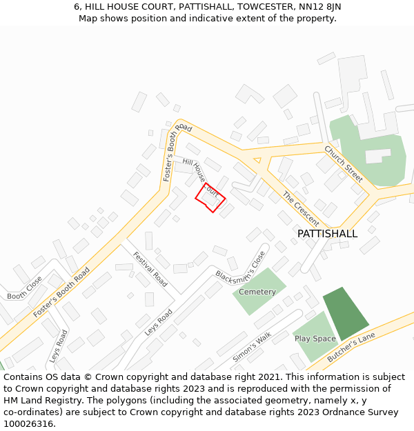 6, HILL HOUSE COURT, PATTISHALL, TOWCESTER, NN12 8JN: Location map and indicative extent of plot