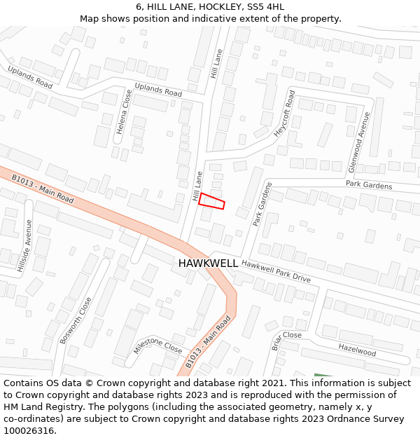 6, HILL LANE, HOCKLEY, SS5 4HL: Location map and indicative extent of plot
