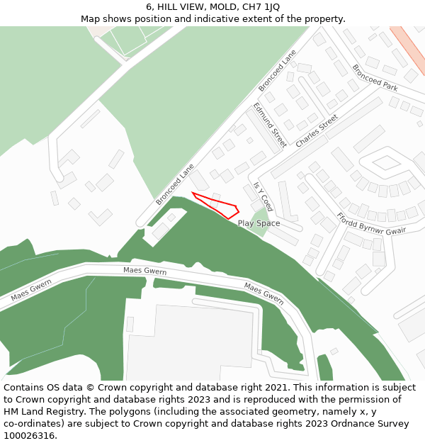 6, HILL VIEW, MOLD, CH7 1JQ: Location map and indicative extent of plot