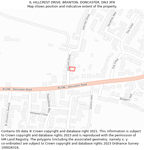 6, HILLCREST DRIVE, BRANTON, DONCASTER, DN3 3FN: Location map and indicative extent of plot